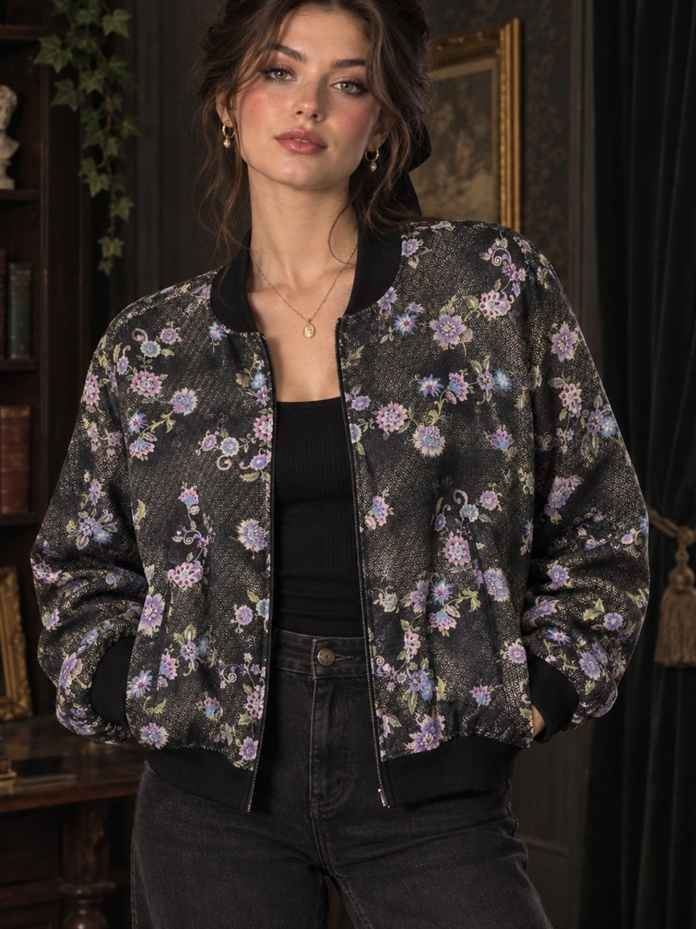 Vintage Allison Taylor Dak Floral Silk Bomber Jacket Y2K Dark Academia Romantic